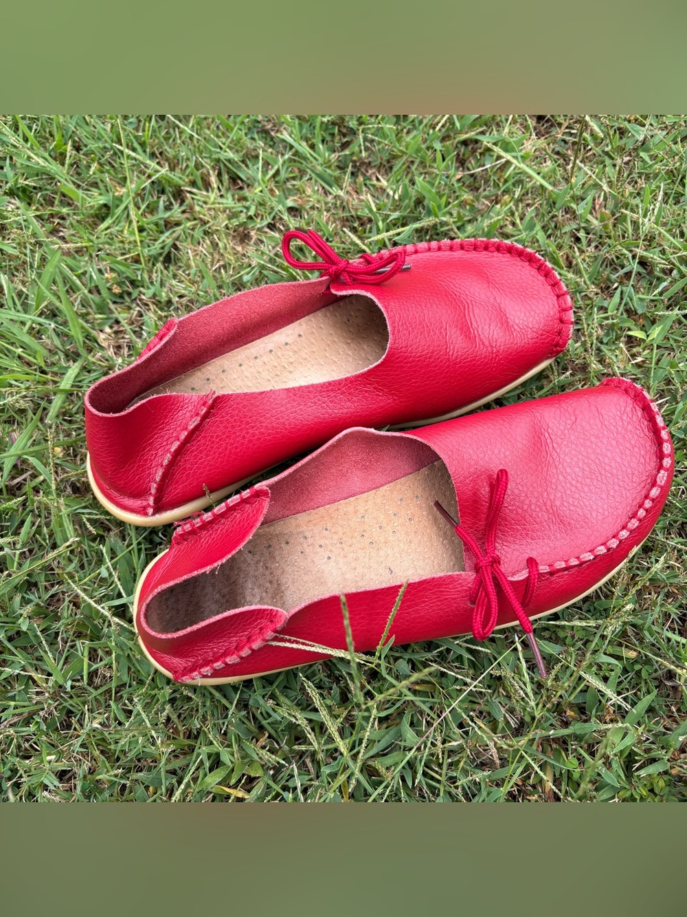 Women's Red Leather Moccasin Loafers with Bow Accent